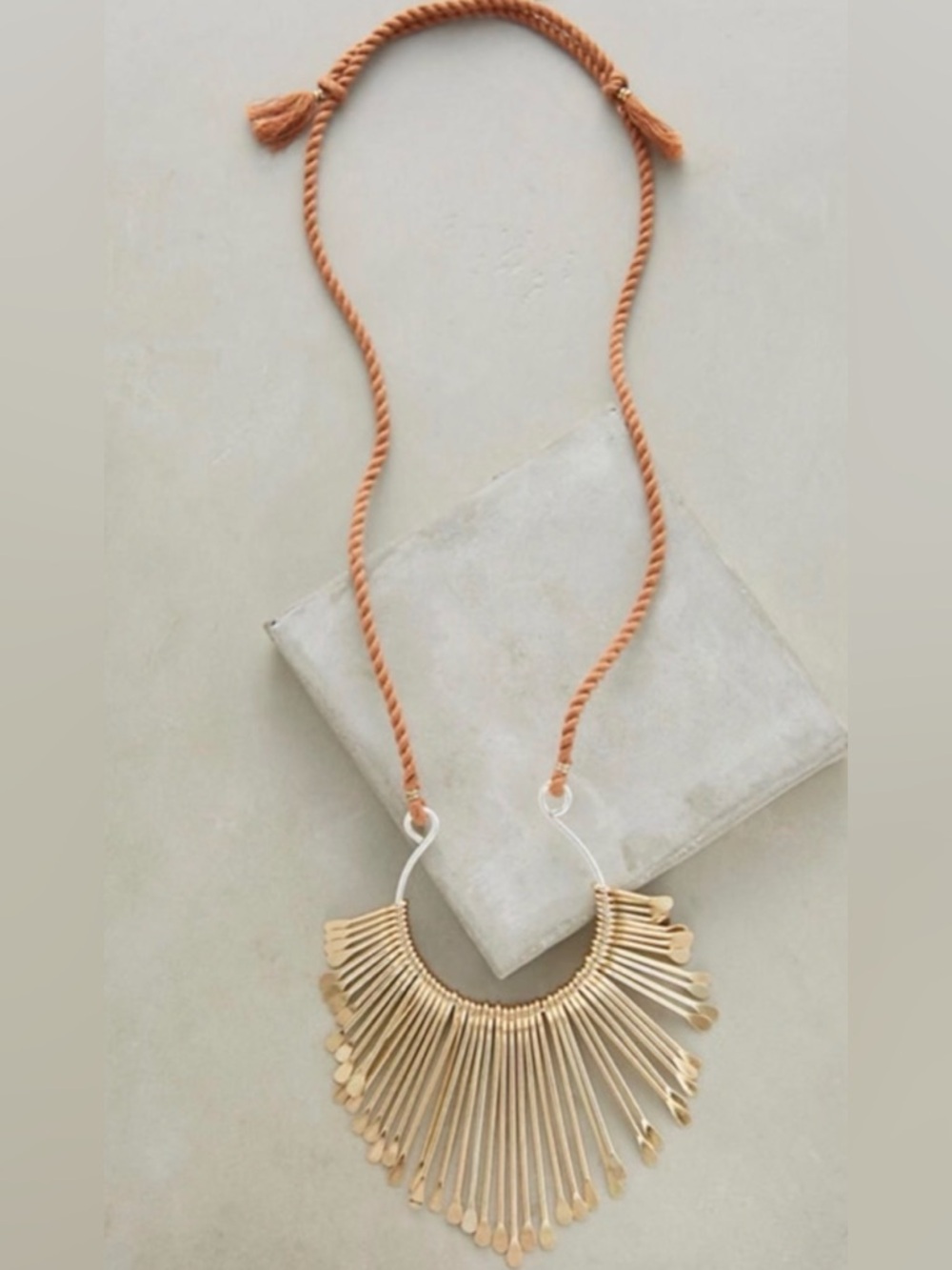 Anthropologie Gold Tone Pendant Peach Cord Necklace OS